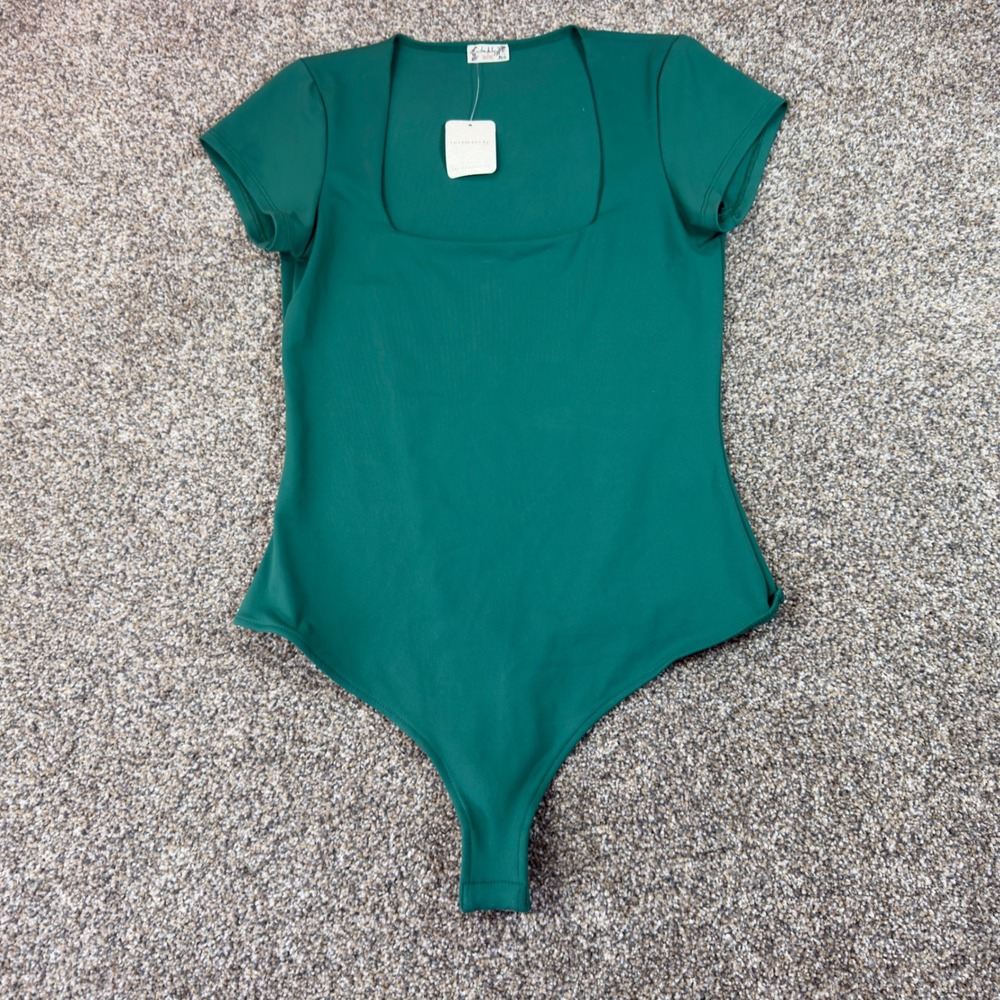 Free People Intimately Square Neck Bodice Green Short Sleeve Bodysuit Medium NWT